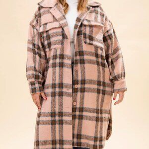 GEEGEE Plaid Button-Down Teddy Trench Shacket With Pockets